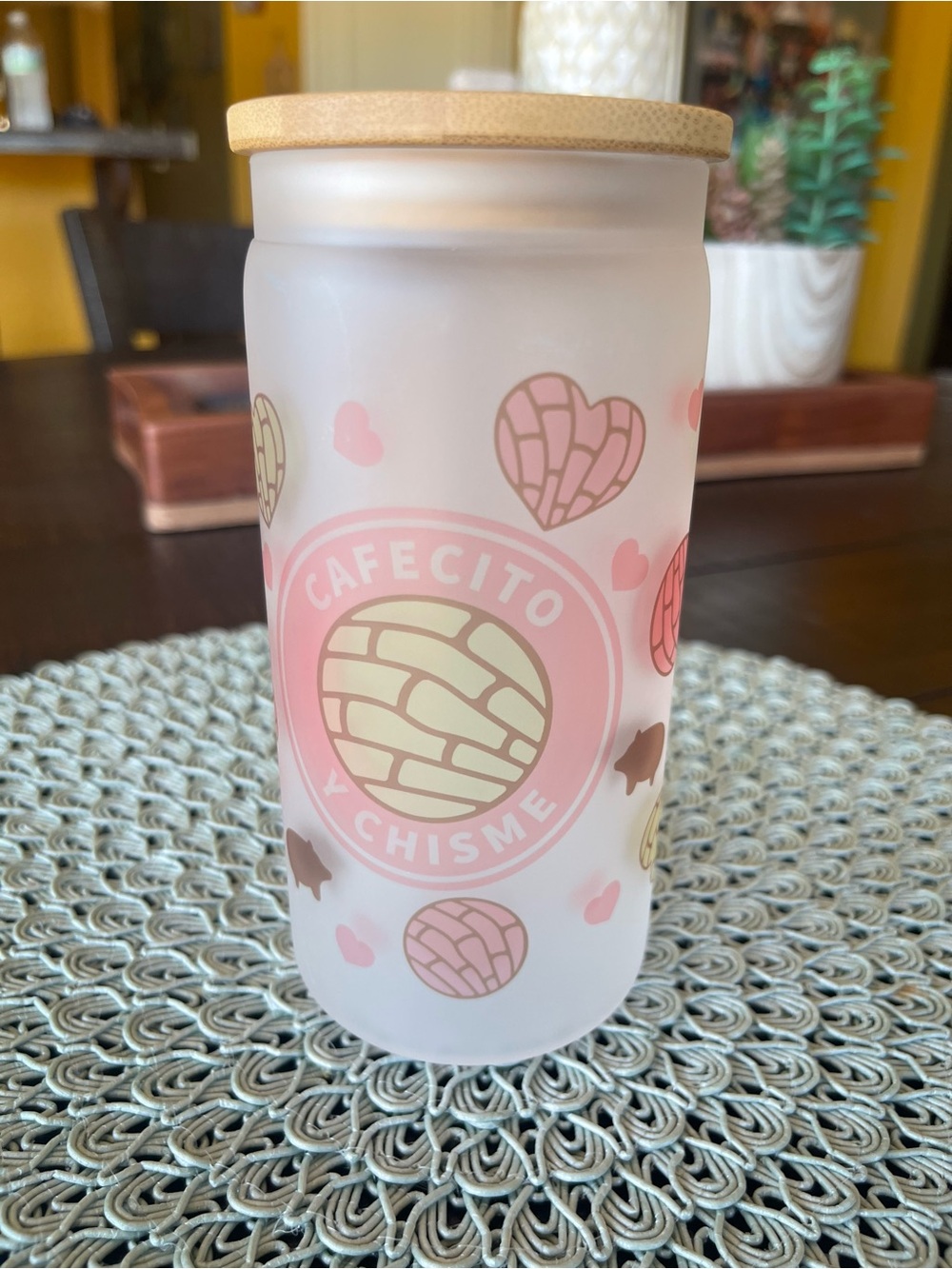 Pink Frosted Drinking Glass with Bamboo Lid
